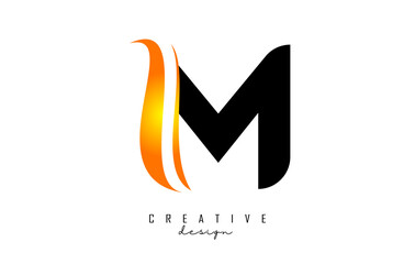 M letter Logo with gradient orange swoosh. Letter M with abstract geometric elements. Creative Vector Illustration with letter.