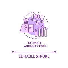 Estimate variable costs purple concept icon. Startup budgeting abstract idea thin line illustration. Isolated outline drawing. Editable stroke. Roboto-Medium, Myriad Pro-Bold fonts used