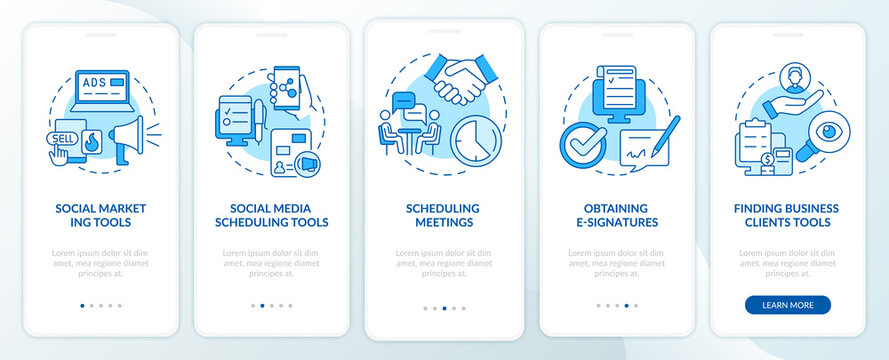 Business tools for entrepreneurs blue onboarding mobile app screen. Walkthrough 5 steps graphic instructions pages with linear concepts. UI, UX, GUI template. Myriad Pro-Bold, Regular fonts used