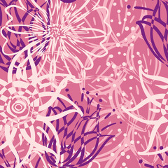 Wild meadow flower pink white seamless vector pattern background. Modern abstract line art backdrop with bold hand drawn flowers and dots. Overlapping floral blooms botanical painterly all over print.