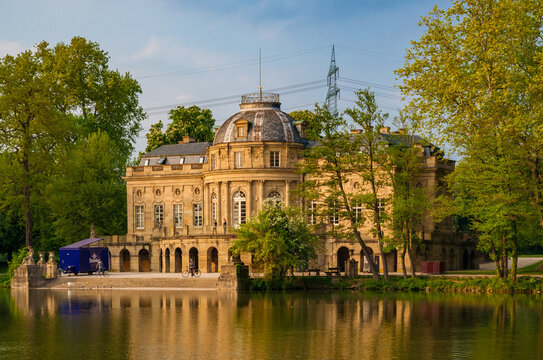 Gorgeous close-up view of the famous Monrepos Palace at the lakeside of the Eglosheimer Lake in Ludwigsburg, Germany. The palace is still owned by the royal family of W&uuml;rttemberg.