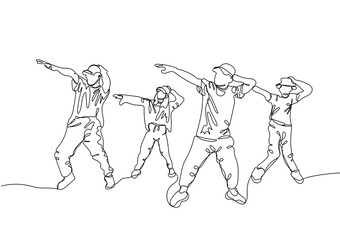 Group of young happy dancing people or male and female dancers One continuous line drawing. Vector illustration