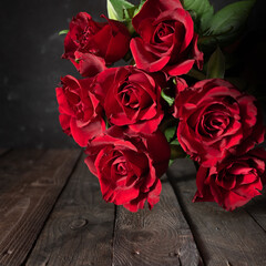 Bunch of red roses on dark vintage wood. Square background for valentines day and mothers day with...