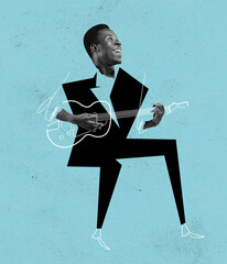 Creative design. Contemporary art collage of young cheerful man playing drawn guitar isolated over blue background