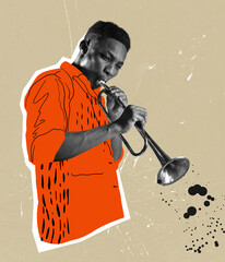 Creatie retro design. Contemporary art collage of young stylish man playing trumpet isolated over gray background