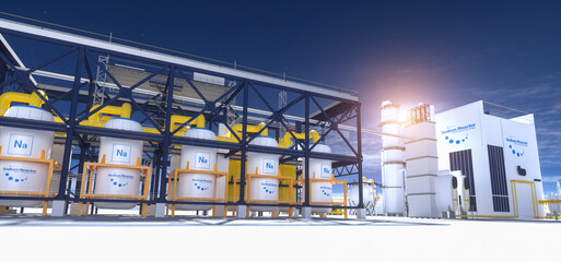 Thorium Reactor. salt energy storage natrium sodium nuclear reactor power plant on a sunny day. Molden Salt energy storage is a future energy concept. 3d rendering © AA+W