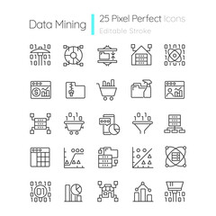 Data mining linear perfect pixel icons set. Knowledge discovering in data. Customizable thin line contour symbols. Isolated vector outline illustrations. Editable stroke. Quicksand-Light font used