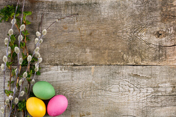 Easter composition on a rustic background, colored eggs and young spring branches with greenery, top view, flat lay and copy space.
