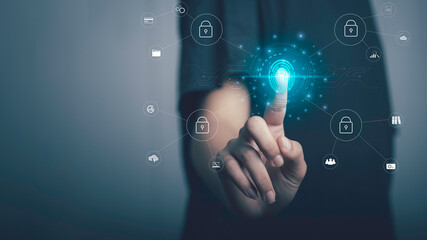 Person scanning fingerprint on the virtual screen to protect secure information on Internet, cyber security , big data, document management, data transfer, cloud computing, internet of things concept.