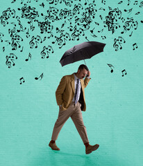 Contemporary art collage of serious man in suit walking with umbrella under falling music notes isolated over mint background