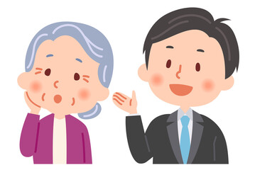 説明をするビジネスマンと説明を聞くおばあさん