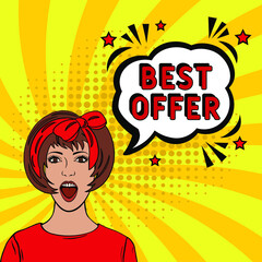 Comic book explosion with text Best offer, vector illustration. Best offer in comic pop art style. Comic advertising concept with Special offer wording. Modern Web Banner Element