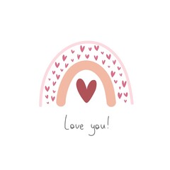 love you. Cartoon rainbow, hand drawing lettering, decoration elements. Colorful vector flat style illustration. Romantic design for cards, prints, posters, cover 