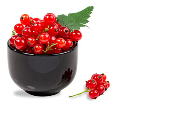 Black ceramic cup with bright bunches of ripe currants on white, isolated, place for text.