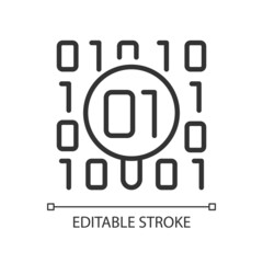Dataset checkup linear pixel perfect icon. Looking for bugs in binary code. Thin line customizable illustration. Contour symbol. Vector isolated outline drawing. Editable stroke. Arial font used