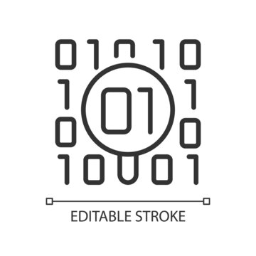 Dataset checkup linear pixel perfect icon. Looking for bugs in binary code. Thin line customizable illustration. Contour symbol. Vector isolated outline drawing. Editable stroke. Arial font used