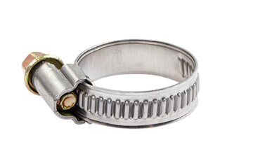 Metal hose clamp for flexible hose isolated on white.
