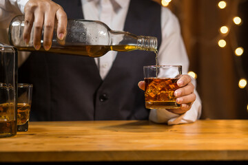 Bartender Serve Whiskey, on wood bar,