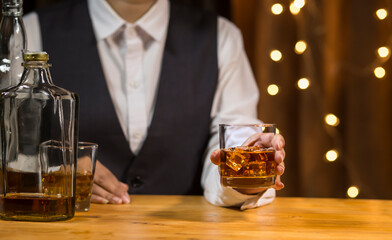 Bartender Serve Whiskey, on wood bar, 