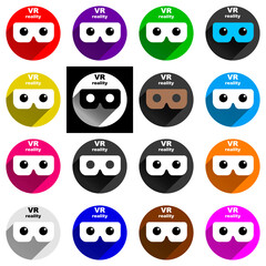 A set of multicolored VR glasses with a shadow on a white isolated background, vector illustration