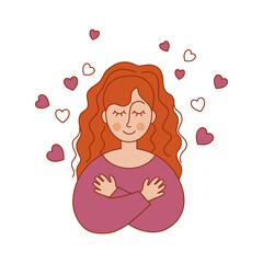 The girl is meditating. A positive attitude towards yourself. Psychology. Emotions. Vector illustration in a flat style. Cartoon drawing for social networks, postcards, posters, stickers.