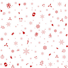 Pattern, Christmas theme with red mistletoe, sock, Christmas tree, candy cane, snow flake, gift, Santa, reindeer, ginger bread man, snowman, ornament, star. 