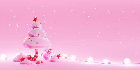 3D of  Sweet Christmas tree on pink pastel background. Merry Christmas with copy space. Horizontal web banner.