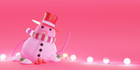 Merry christmas and happy new year banner. Happy snowman standing in a pink background.
