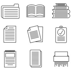 Set of line icons related to documents, folders, workbooks, books.