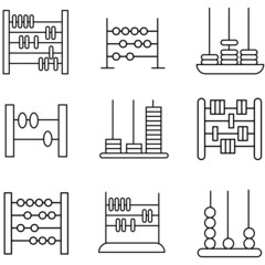 Set of linear icons arithmetic with an abacus.