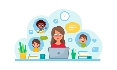 Teacher teaches children online 
 Study at home, online test, distance learning concept. Online learning.Vector illustration. 