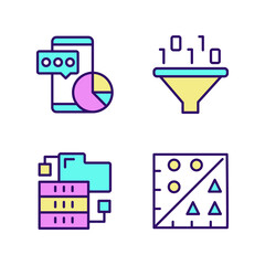 Data mining tools RGB color pixel perfect icons set. Techniques to extract and analyze information. Virtual researching. Isolated vector illustrations. Simple filled line drawings collection