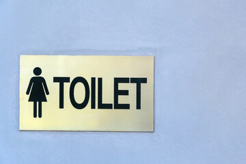 Metal sign designating a women's toilet on the wall copy space