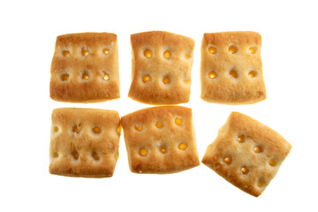 baked Genoese focaccia - single portion square loaves- bread of sourdough - isolated on white in top view