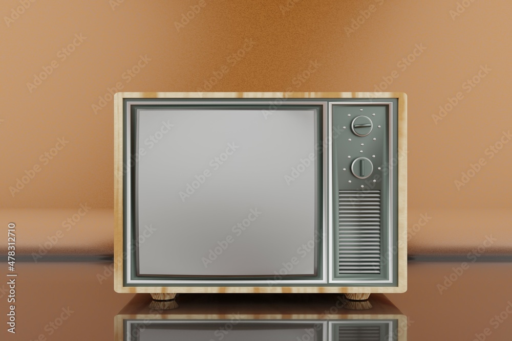 Aufkleber beautiful 3d retro old television on orange background, vintage analog tv with copy space. 3d render