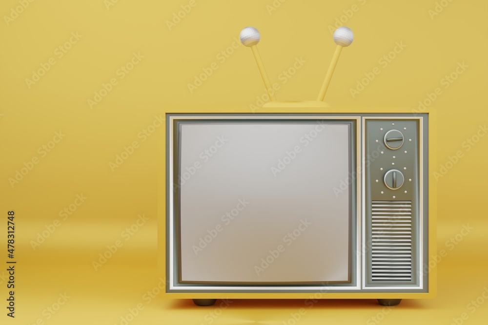 Aufkleber beautiful 3d yellow retro old television on yellow background, vintage analog tv with copy space. 3d
