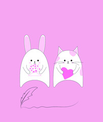 white bunny and white kitten with an envelope in hand. greeting card for valentine's day. hearts from an envelope. vector illustration, eps 10.