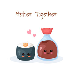Kawaii Sushi and Soy Sauce vector illustration. Adorable couple. Cute funny food characters isolated on white background. Use for kids poster, card, Asian cafe menu, fabric print, food hall.