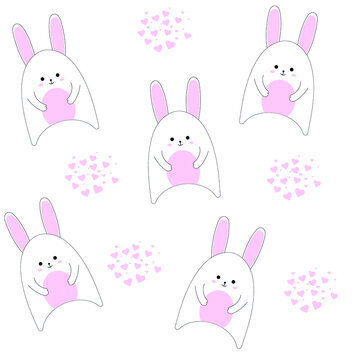 pattern with white bunny. pattern for valentine's day. drawing for textiles. vector illustration, eps 10.