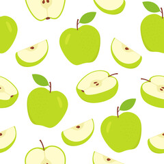 Seamless apple pattern. Sliced green apples white background. Sweet cute fruits texture. Vector illustration