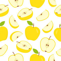 Yellow apples seamless pattern. Sweet slices, whole and half apple fruits pattern. Vector illustration.