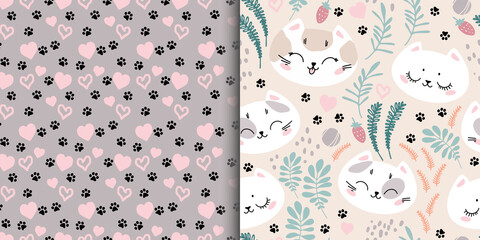 A set of two seamless patterns with cute cat faces and cat footprints. Ornament for children's textiles, typography.
Web