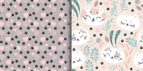 A set of two seamless patterns with cute cat faces and cat footprints. Ornament for children's textiles, typography.
Web