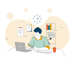 Landing page dezign, character student, online education, home, notebook