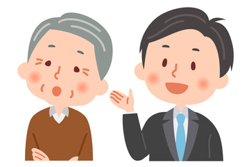 説明をするビジネスマンと説明を聞くおじいさん