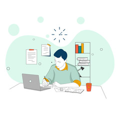 Landing page dezign, character student, online education, home, notebook