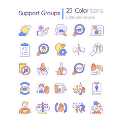 Support groups RGB color icons set. Mental health recovery. Addiction treatment. Isolated vector illustrations. Simple filled line drawings collection. Editable stroke. Quicksand-Light font used