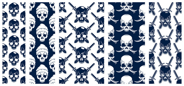 Black skulls seamless vector background set, endless pattern with horror death sculls, stylish wallpaper of hard rock culture music fashion theme, gothic image collection.
