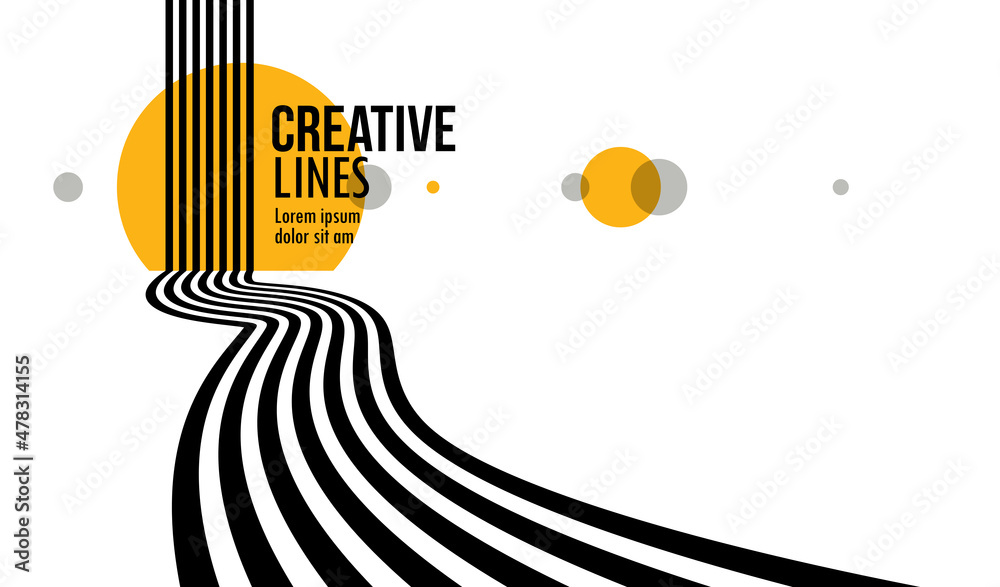 Wall mural 3D black and white lines in perspective with yellow elements abstract vector background, linear perspective illustration op art, road to horizon.