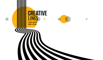 3D black and white lines in perspective with yellow elements abstract vector background, linear perspective illustration op art, road to horizon.